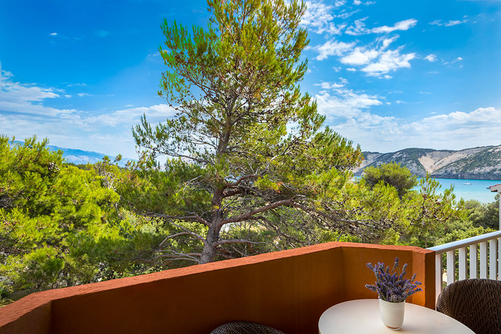Pogled z balkona v San Marino Resortu z borovci in obalno pokrajino.
