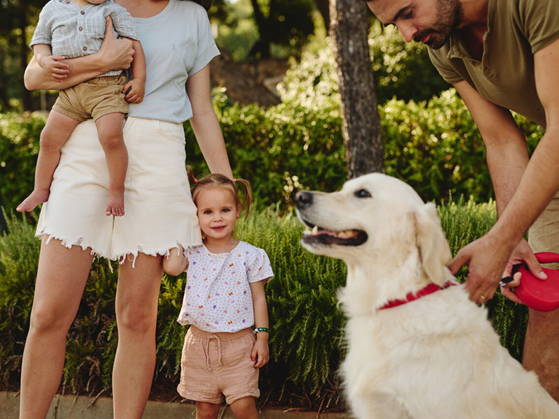 Famiglia con due bambini piccoli e un cane golden retriever in un campeggio pet-friendly, pronta per una passeggiata.