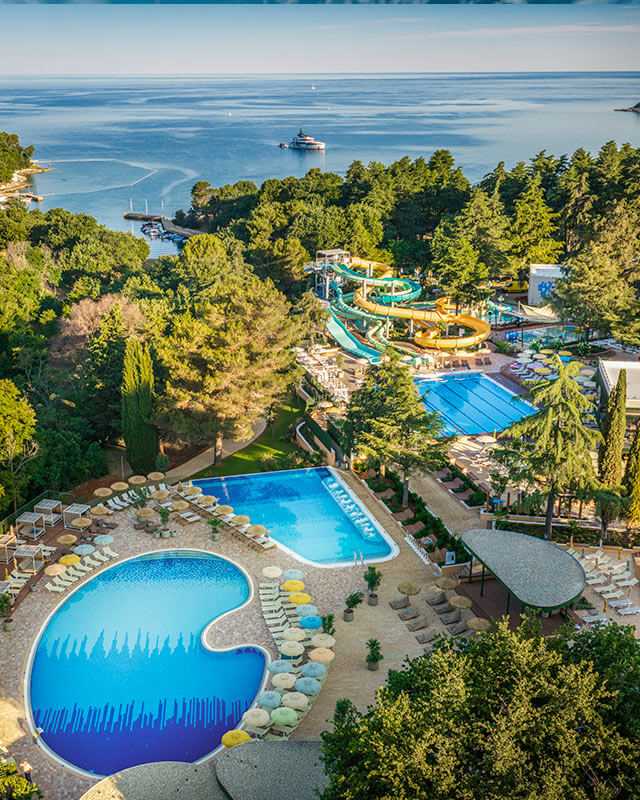 Aerial view of Diamant Hotel in Poreč, Istria with Aquamar pool complex and water slides