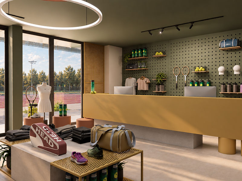 Interior of the Racket Club shop with sports equipment and accessories at Valamar Diamant Hotel.