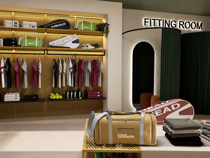 Sports apparel and accessories displayed in the Racket Club shop.