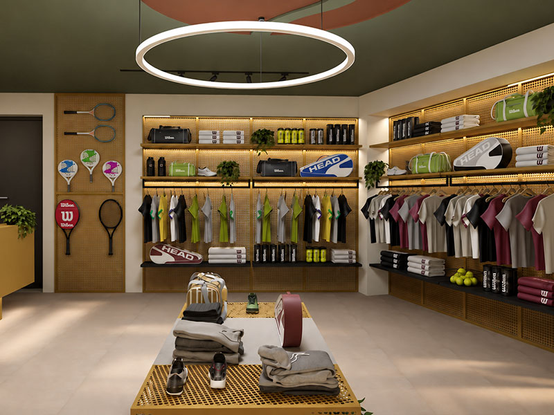 Sports clothing, equipment and accessories displayed in the Racket Club shop.