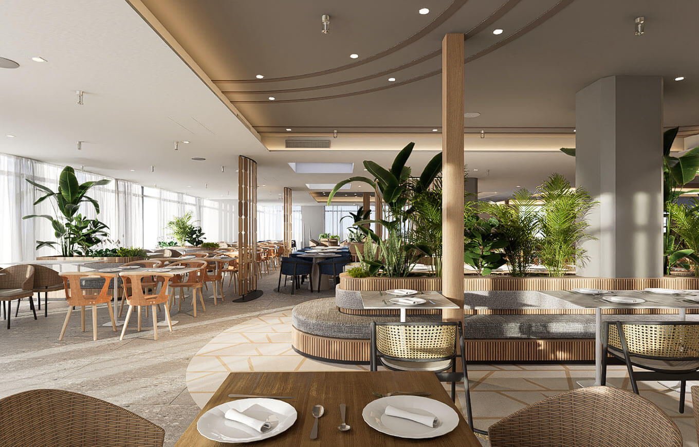 Modern Mediterraneo restaurant with elegant interiors and a spacious dining area at Valamar Diamant Hotel.