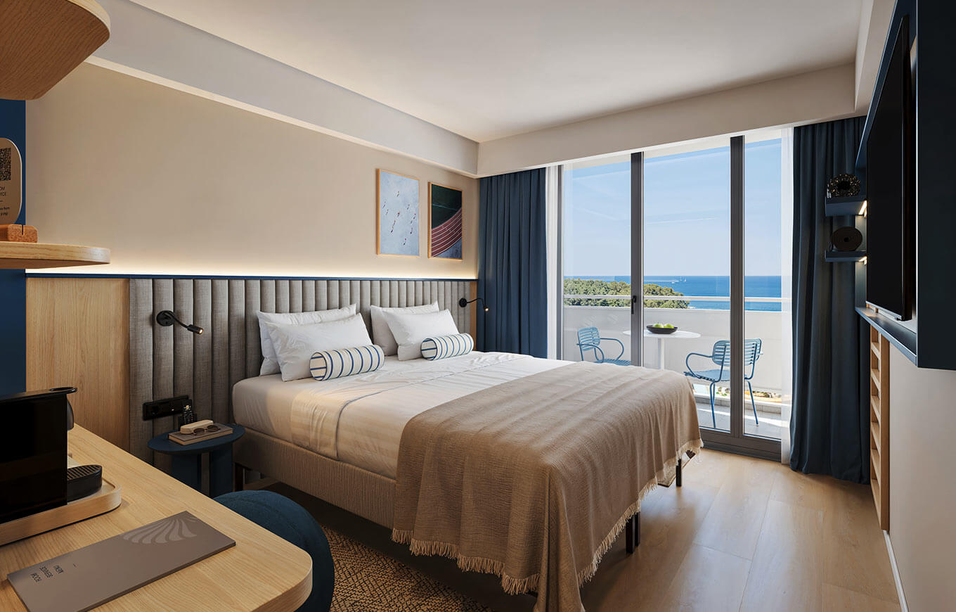 Modern double room with a comfortable bed and balcony at Valamar Diamant Hotel in Poreč.