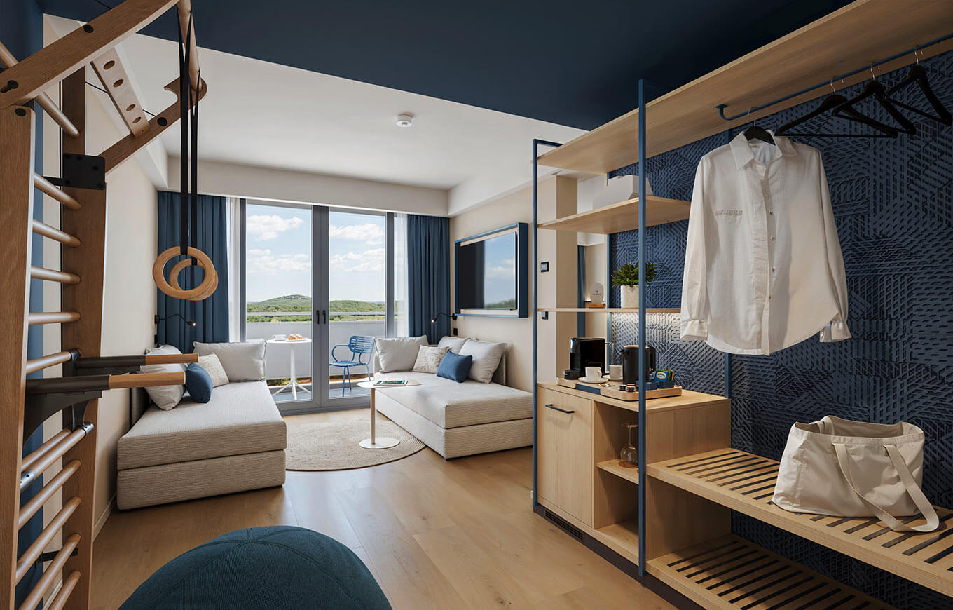 Modern Suite for 2+2 with balcony, bunk beds and a double bed at Valamar Diamant Hotel.