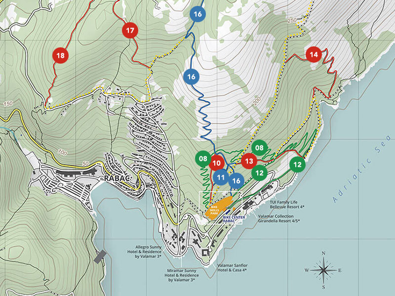 Mappa con piste ciclabili dentro e intorno a Rabac