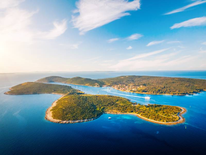 Vue aérienne d’une île croate verdoyante et des eaux turquoise de l’Adriatique.