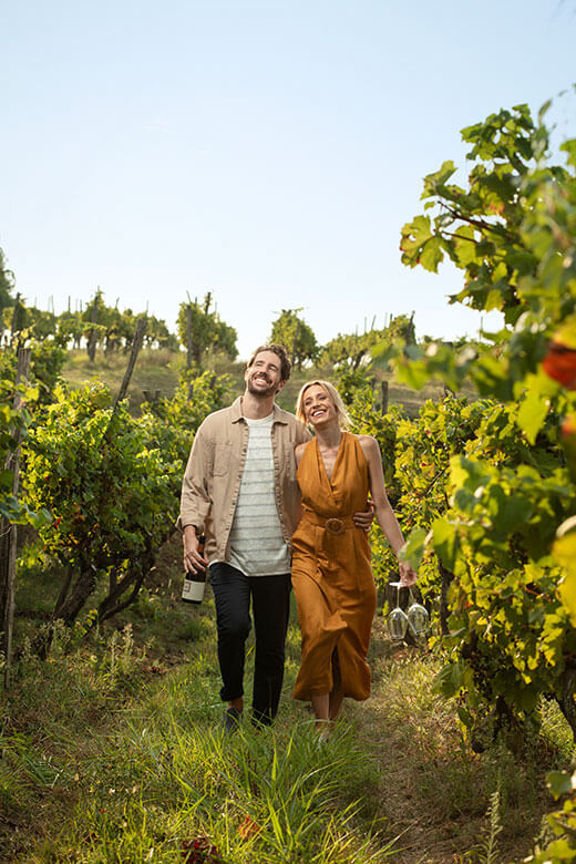 Couple walking through a vineyard in Istria during golden hour