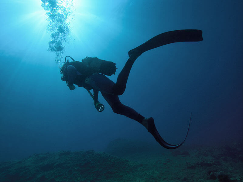 Diver gliding over reef slope with excellent visibility