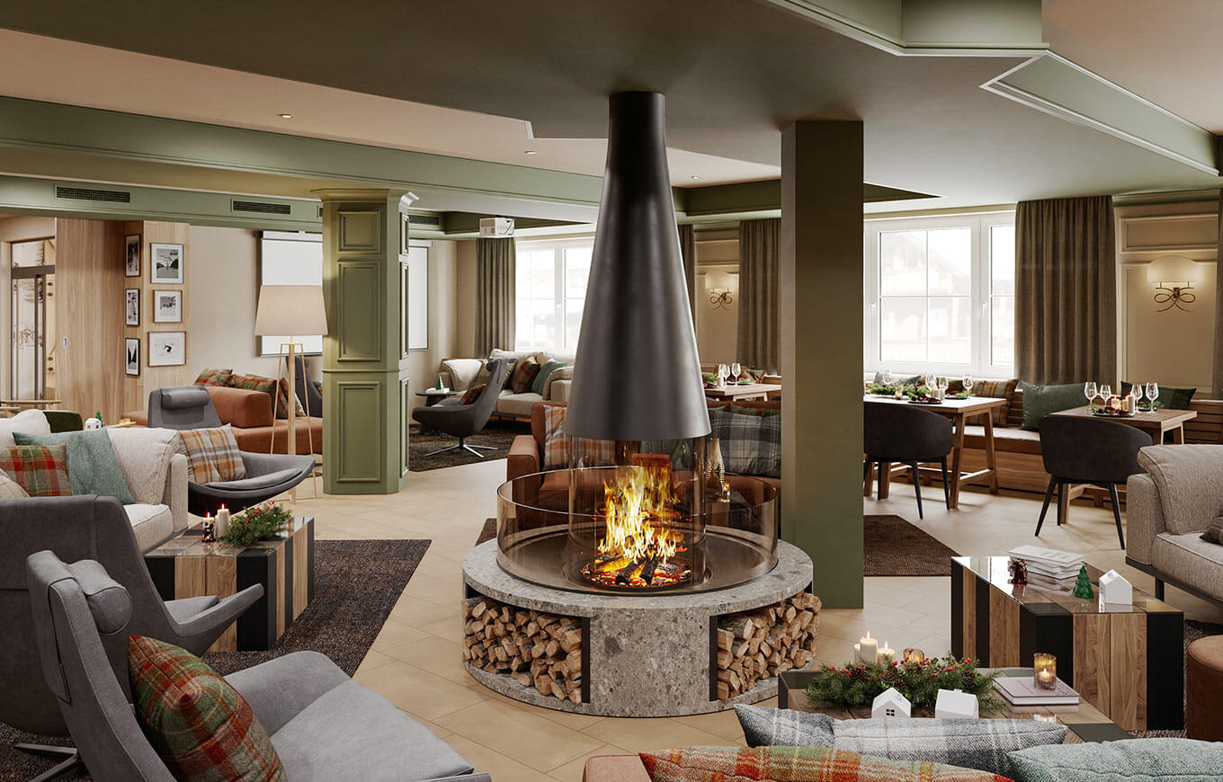Lobby con divani e caminetti al Valamar Obertauern Hotel