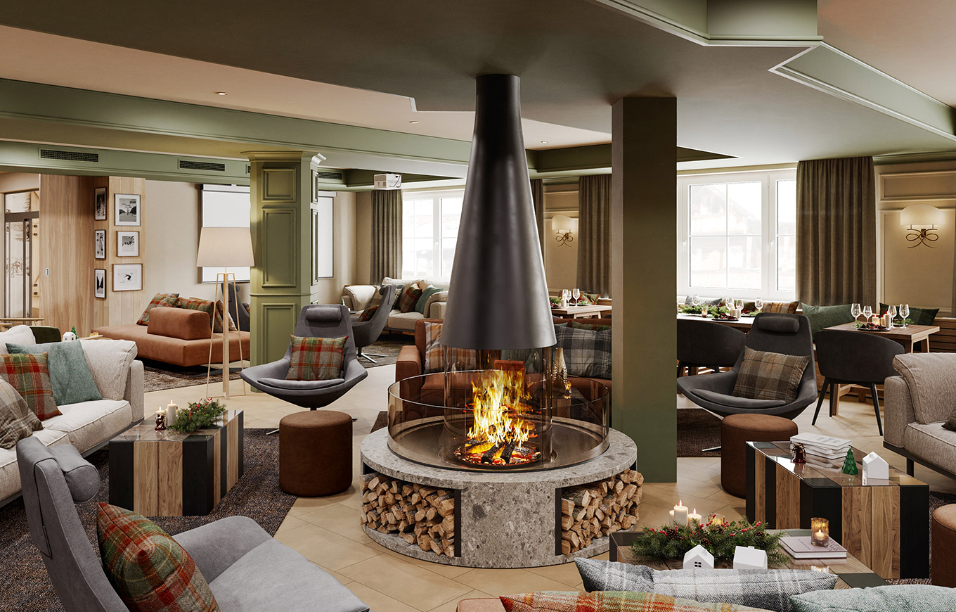 Lobby mit Sofas und Kaminen im Valamar Obertauern Hotel