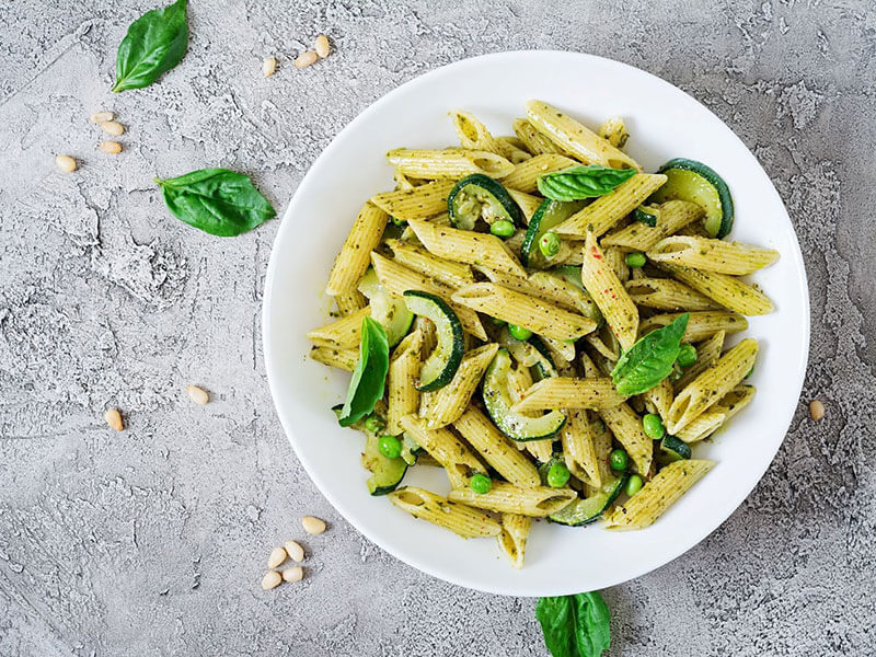 Vegan pesto pasta at Artha, plant-based restaurant in Poreč