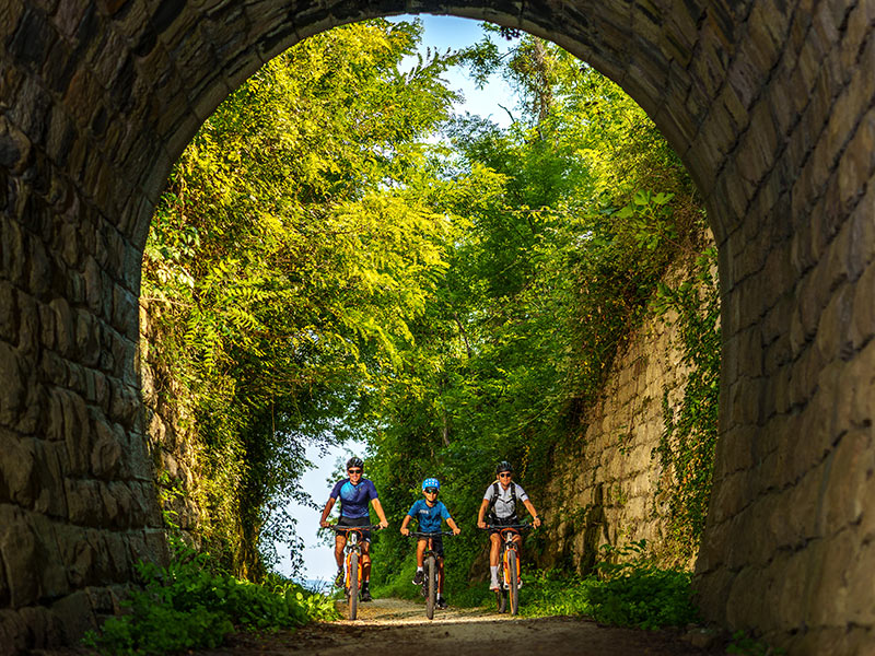 Cyclists passing through a historic tunnel on the Parenzana Trail