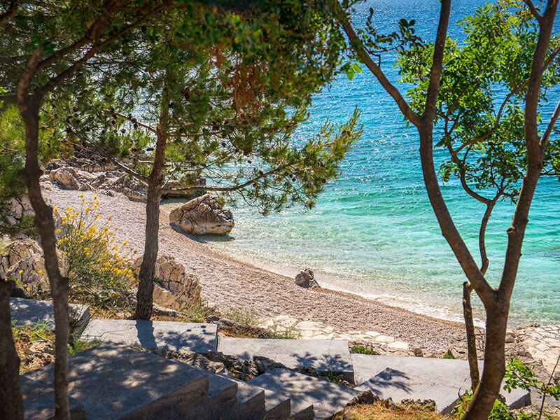 Shaded beach path with turquoise water and pine trees in Rabac