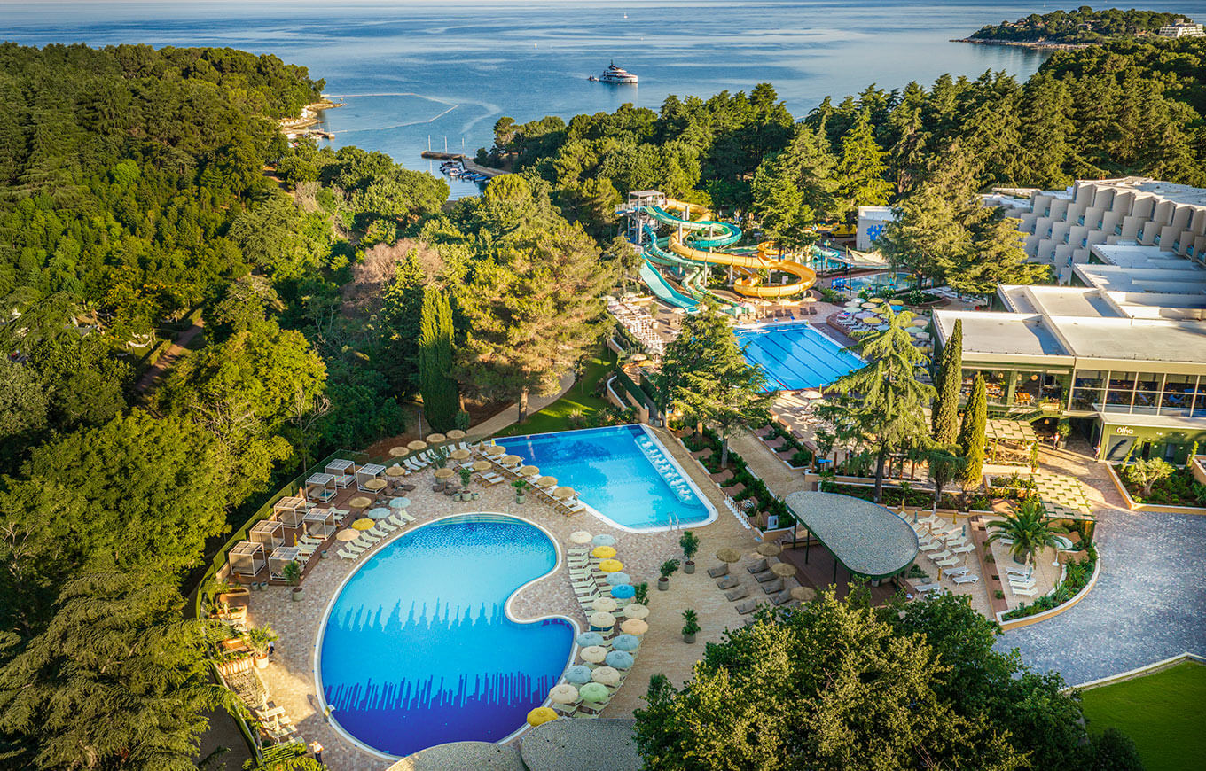 Aerial view of Aquamar pool complex and water slides