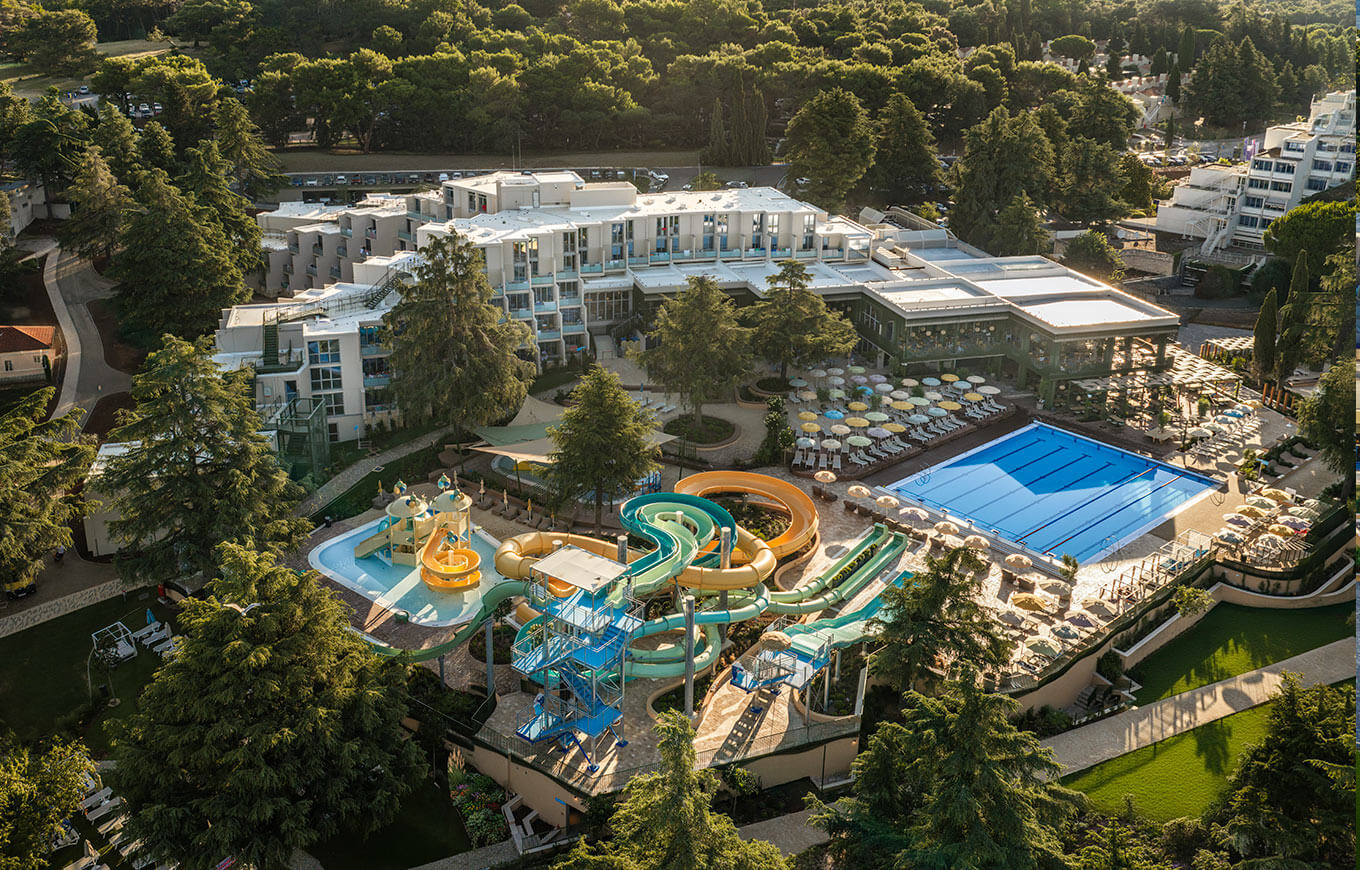 Aerial view of the new Aquamar premium family water park with adrenaline slides and pools at Valamar Diamant Hotel in Istria