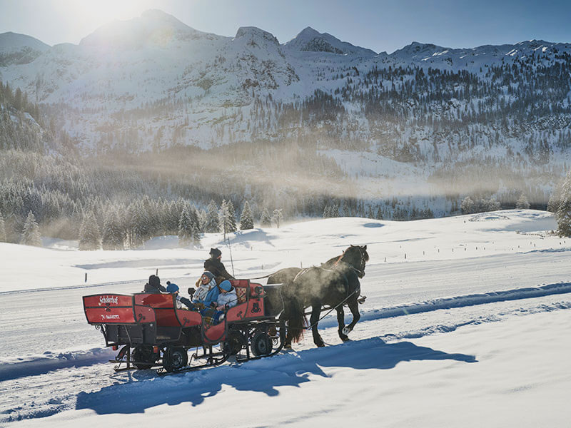 Family in a horse-drawn carriage in Obertauern, Austria