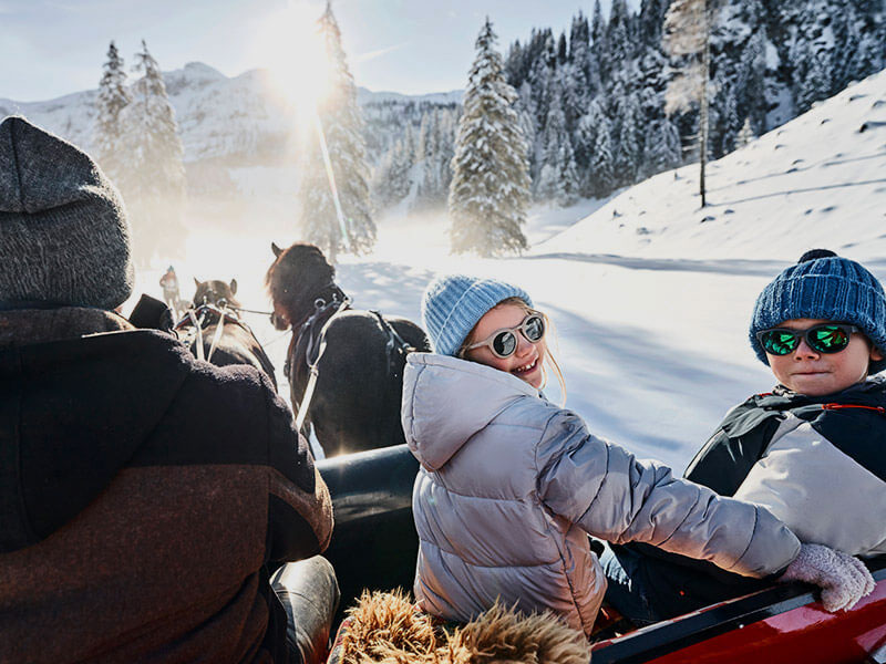 Family enjoying a scenic sleigh ride during a luxury winter holiday in Austria